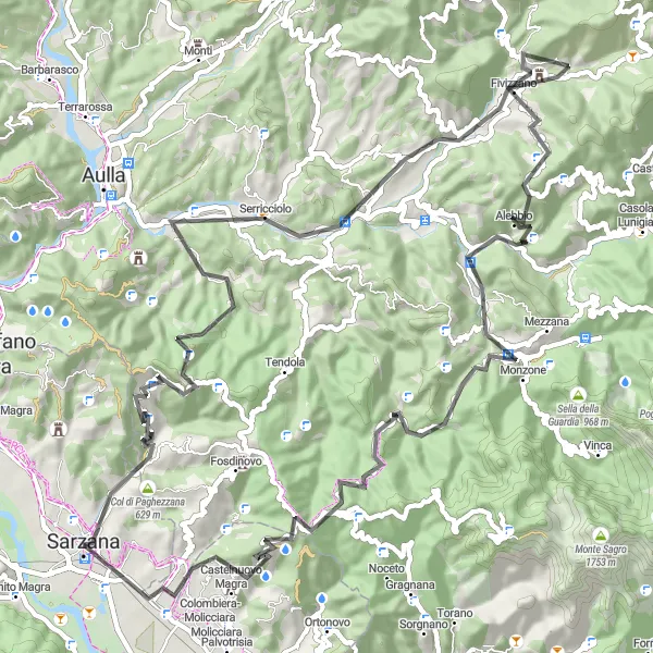 Miniatuurkaart van de fietsinspiratie "Sarzana - Monte Chiaro Cycling Route" in Liguria, Italy. Gemaakt door de Tarmacs.app fietsrouteplanner