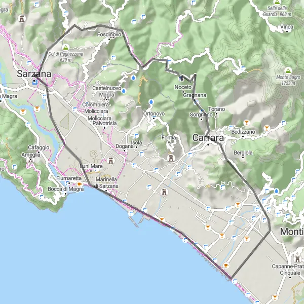 Zemljevid v pomanjšavi "Krožna tura v okolici Sarzane" kolesarske inspiracije v Liguria, Italy. Generirano z načrtovalcem kolesarskih poti Tarmacs.app