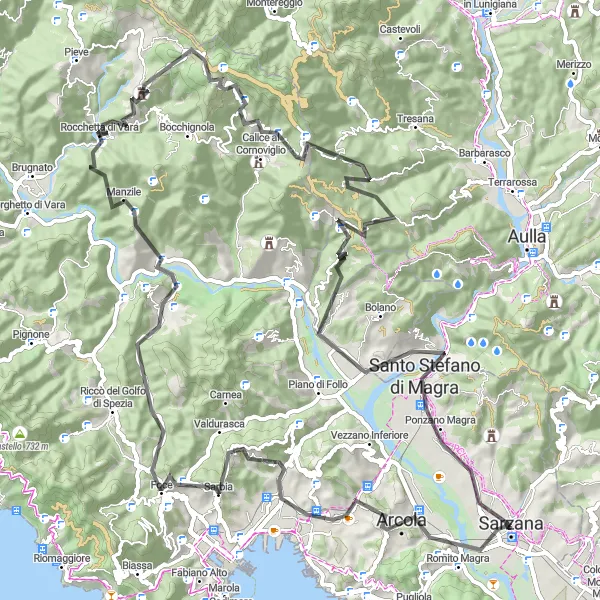 Zemljevid v pomanjšavi "Razgibana kolesarska avantura blizu Sarzane" kolesarske inspiracije v Liguria, Italy. Generirano z načrtovalcem kolesarskih poti Tarmacs.app