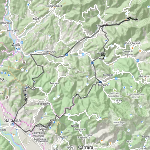 Karttaminiaatyyri "Sarzanasta Viozelle ja takaisin" pyöräilyinspiraatiosta alueella Liguria, Italy. Luotu Tarmacs.app pyöräilyreittisuunnittelijalla