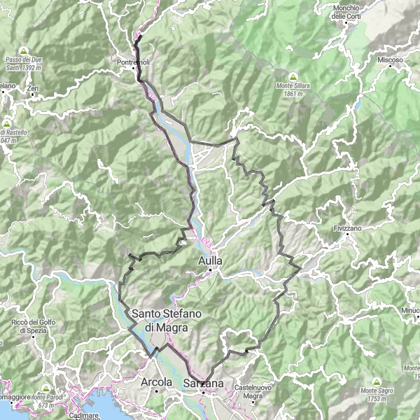 Miniatuurkaart van de fietsinspiratie "Tocht van Monte Misutetto naar Licciana Nardi - Fosdinovo - Fortezza Firmafede" in Liguria, Italy. Gemaakt door de Tarmacs.app fietsrouteplanner