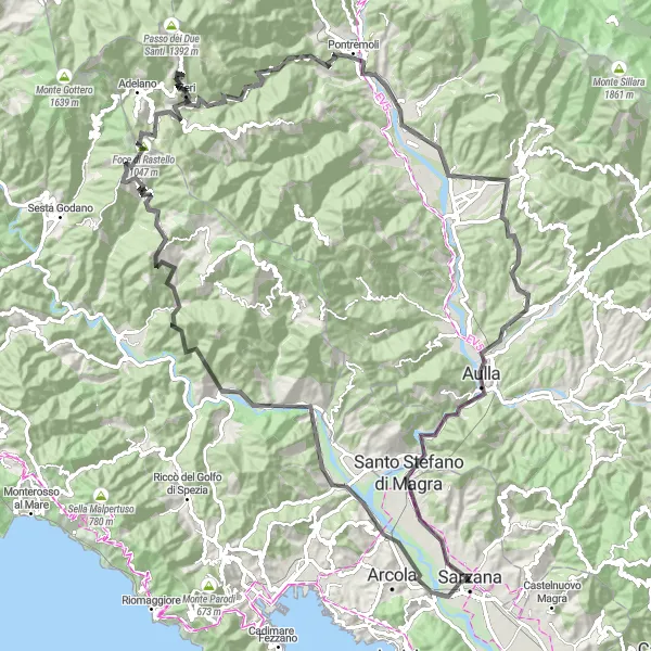Miniatuurkaart van de fietsinspiratie "Bergtocht van Sarzana naar Rocchetta di Vara - Filattiera - Aulla" in Liguria, Italy. Gemaakt door de Tarmacs.app fietsrouteplanner
