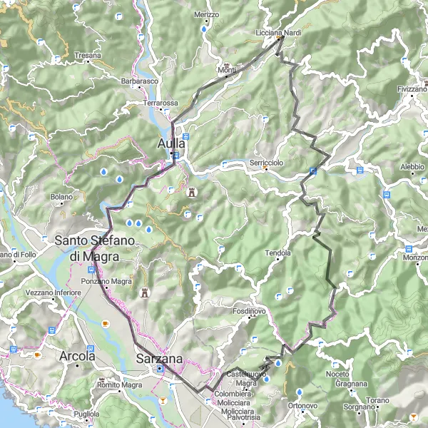 Kartminiatyr av "Cykeltur till Santo Stefano di Magra" cykelinspiration i Liguria, Italy. Genererad av Tarmacs.app cykelruttplanerare