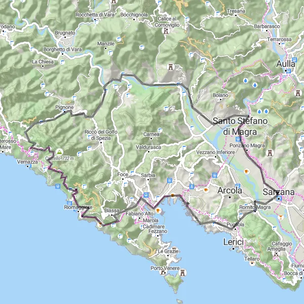 Kartminiatyr av "Sarzana - Riomaggiore Loop" sykkelinspirasjon i Liguria, Italy. Generert av Tarmacs.app sykkelrutoplanlegger