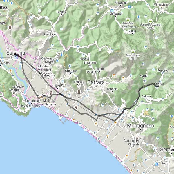 Karttaminiaatyyri "Sarzana - Sarzana Circular Cycling Route" pyöräilyinspiraatiosta alueella Liguria, Italy. Luotu Tarmacs.app pyöräilyreittisuunnittelijalla