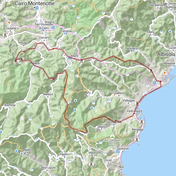 Map miniature of "Savona – Bric Nizzareto Gravel Adventure" cycling inspiration in Liguria, Italy. Generated by Tarmacs.app cycling route planner