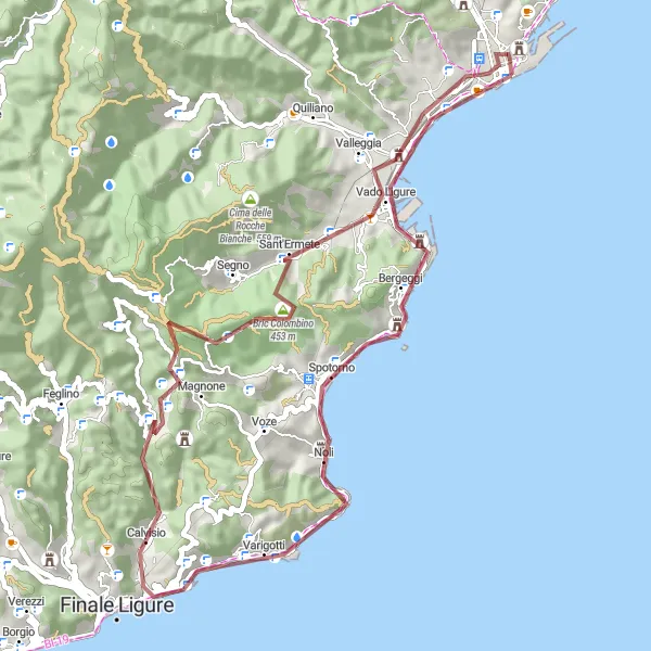 Miniatuurkaart van de fietsinspiratie "Gravelroute naar Valleggia" in Liguria, Italy. Gemaakt door de Tarmacs.app fietsrouteplanner