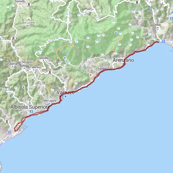 Map miniature of "Coastal Gravel" cycling inspiration in Liguria, Italy. Generated by Tarmacs.app cycling route planner