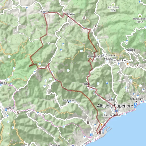 Map miniature of "Mountain Gravel Challenge" cycling inspiration in Liguria, Italy. Generated by Tarmacs.app cycling route planner