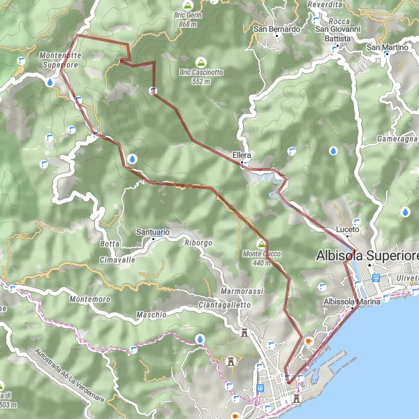 Karttaminiaatyyri "Monte Cucco - Albisola Superiore - Oltreletimbro" pyöräilyinspiraatiosta alueella Liguria, Italy. Luotu Tarmacs.app pyöräilyreittisuunnittelijalla