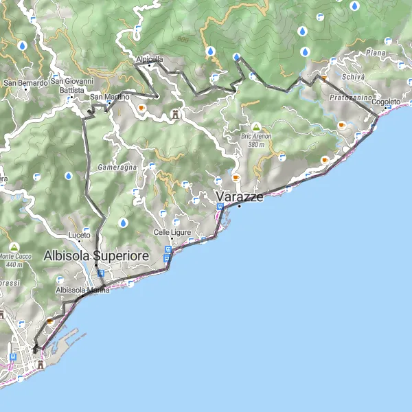 Karttaminiaatyyri "Maantiepyöräreitti Albisola Superioren läheisyydestä" pyöräilyinspiraatiosta alueella Liguria, Italy. Luotu Tarmacs.app pyöräilyreittisuunnittelijalla