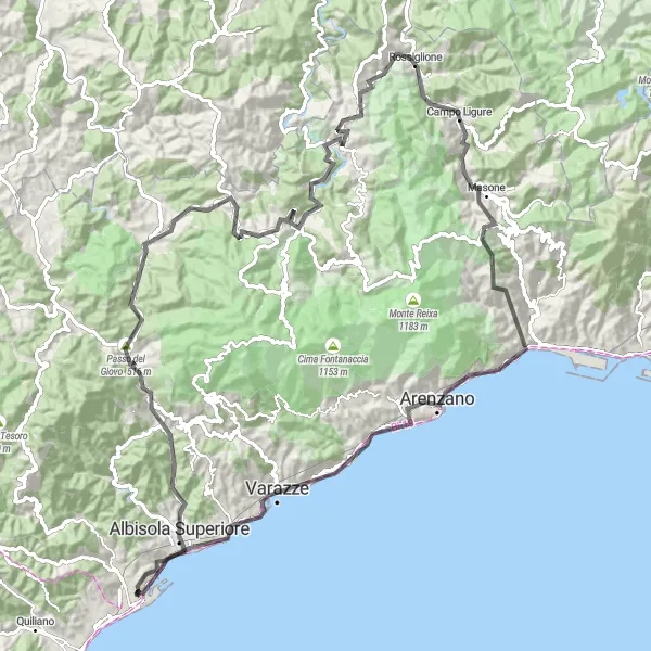 Zemljevid v pomanjšavi "Kolesarjenje po slikoviti Liguriji" kolesarske inspiracije v Liguria, Italy. Generirano z načrtovalcem kolesarskih poti Tarmacs.app