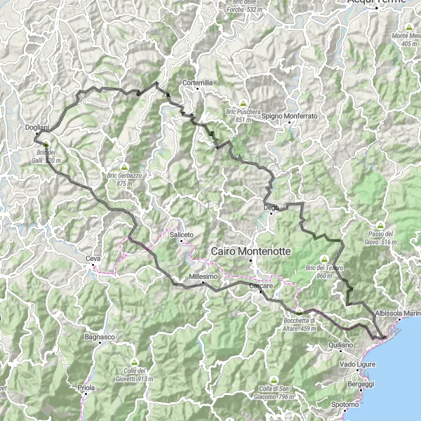 Miniatura della mappa di ispirazione al ciclismo "Esplorazione Avanzata dei Colli Liguri" nella regione di Liguria, Italy. Generata da Tarmacs.app, pianificatore di rotte ciclistiche