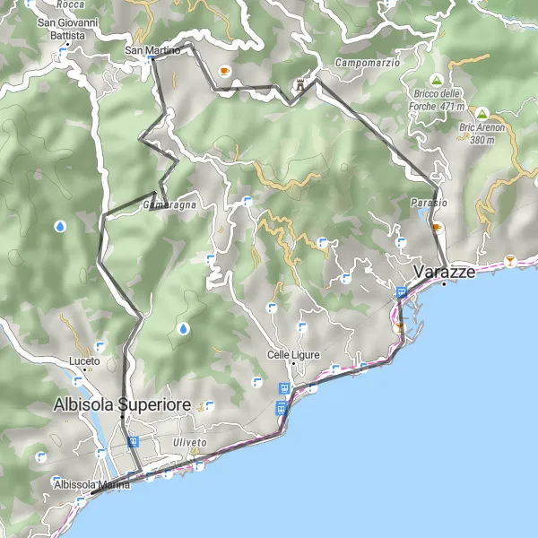 Zemljevid v pomanjšavi "Ciklovna pot Albisola Superiore - Celle Ligure" kolesarske inspiracije v Liguria, Italy. Generirano z načrtovalcem kolesarskih poti Tarmacs.app