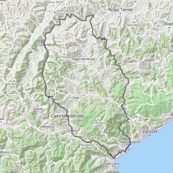 Miniatua del mapa de inspiración ciclista "Ruta de ciclismo de carretera a través de Savona" en Liguria, Italy. Generado por Tarmacs.app planificador de rutas ciclistas