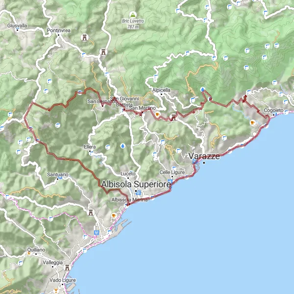 Miniature de la carte de l'inspiration cycliste "Défis alpins - Mont Cucco" dans la Liguria, Italy. Générée par le planificateur d'itinéraire cycliste Tarmacs.app