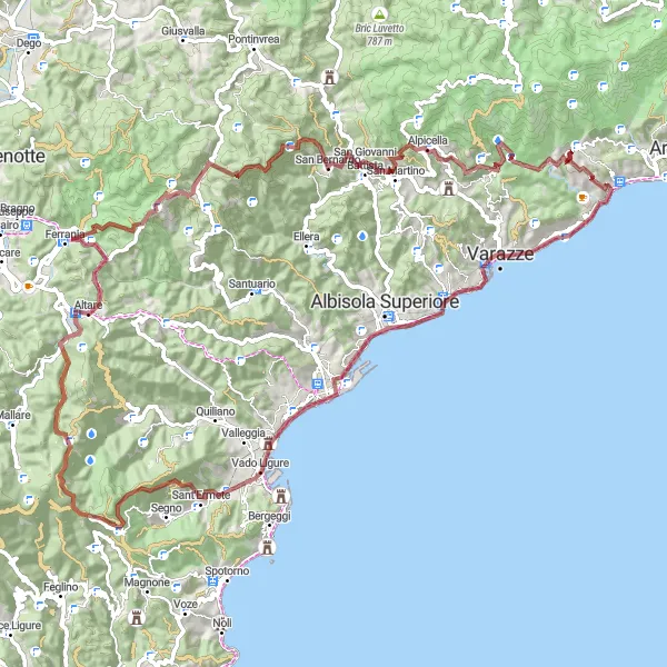 Miniaturekort af cykelinspirationen "Ligurian Coast Gravel Loop" i Liguria, Italy. Genereret af Tarmacs.app cykelruteplanlægger