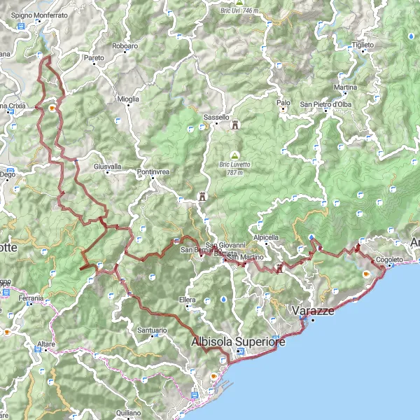 Kartminiatyr av "Äventyrlig Gravelutflykt till Bric Rocca Lovera" cykelinspiration i Liguria, Italy. Genererad av Tarmacs.app cykelruttplanerare