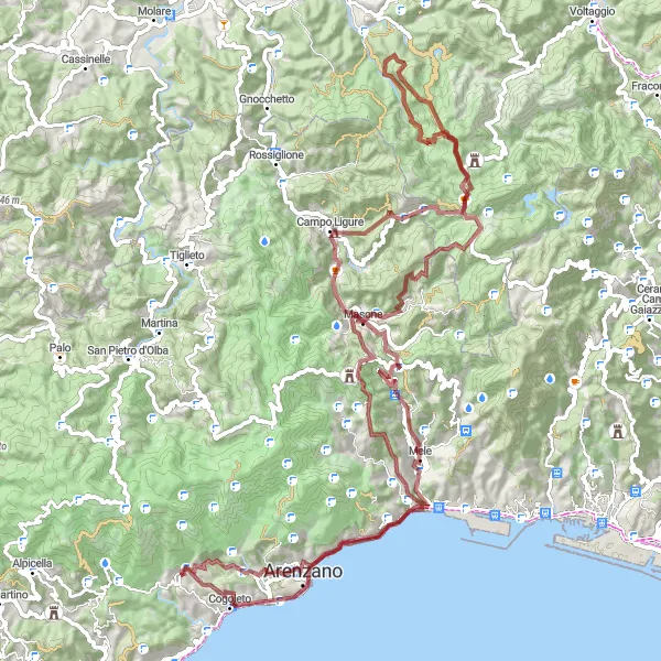 Kartminiatyr av "Gravel Adventure till Monte Pracaban" cykelinspiration i Liguria, Italy. Genererad av Tarmacs.app cykelruttplanerare