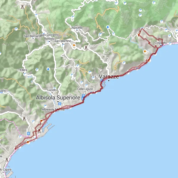 Miniaturní mapa "Gravel Stezka Casa natale di Cristoforo Colombo a Palazzo Beato Jacopo" inspirace pro cyklisty v oblasti Liguria, Italy. Vytvořeno pomocí plánovače tras Tarmacs.app