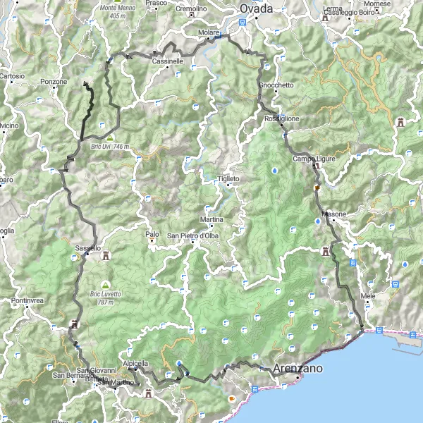 Karttaminiaatyyri "Haastava pyöräilyreitti Ligurian vuoristossa" pyöräilyinspiraatiosta alueella Liguria, Italy. Luotu Tarmacs.app pyöräilyreittisuunnittelijalla