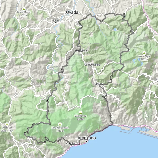 Miniature de la carte de l'inspiration cycliste "Les sommets et passages ligures" dans la Liguria, Italy. Générée par le planificateur d'itinéraire cycliste Tarmacs.app