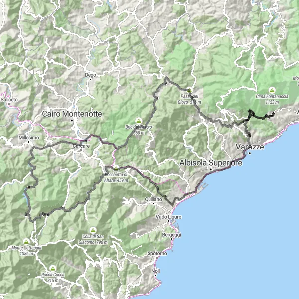 Miniature de la carte de l'inspiration cycliste "Tour des Alpes Ligures" dans la Liguria, Italy. Générée par le planificateur d'itinéraire cycliste Tarmacs.app