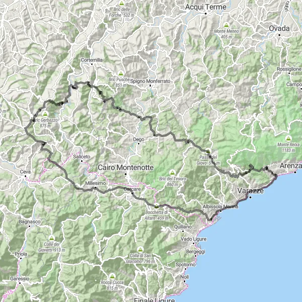 Map miniature of "Altare and Roccavignale Loop" cycling inspiration in Liguria, Italy. Generated by Tarmacs.app cycling route planner