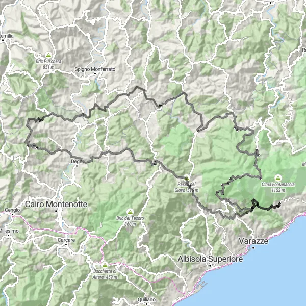Kartminiatyr av "Bakketoppene i Liguria" sykkelinspirasjon i Liguria, Italy. Generert av Tarmacs.app sykkelrutoplanlegger