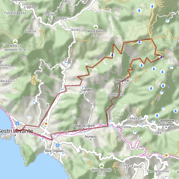 Kartminiatyr av "Natur og Eventyr på Grus" sykkelinspirasjon i Liguria, Italy. Generert av Tarmacs.app sykkelrutoplanlegger