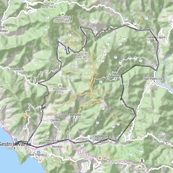 Miniatuurkaart van de fietsinspiratie "Reis rondom Sestri Levante door Montedomenico en Varese Ligure" in Liguria, Italy. Gemaakt door de Tarmacs.app fietsrouteplanner