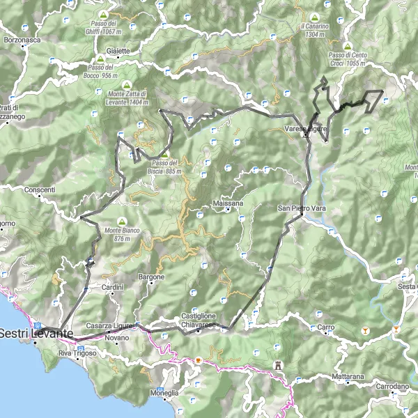 Miniaturní mapa "Varese Ligure Loop" inspirace pro cyklisty v oblasti Liguria, Italy. Vytvořeno pomocí plánovače tras Tarmacs.app