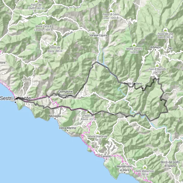Karttaminiaatyyri "Maantiepyöräilyreitti Sestri Levantesta: Monte Carmo di Scognan kautta" pyöräilyinspiraatiosta alueella Liguria, Italy. Luotu Tarmacs.app pyöräilyreittisuunnittelijalla