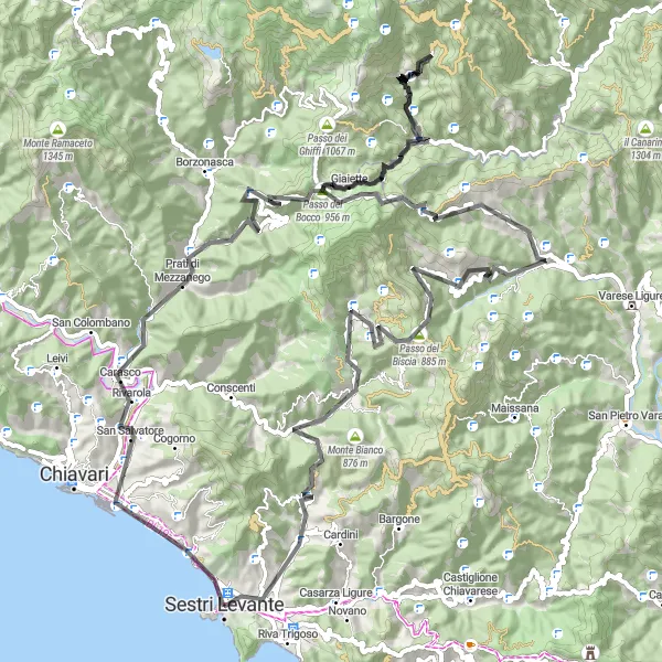 Zemljevid v pomanjšavi "Potovanje od Lavagne do Villa Sertorio" kolesarske inspiracije v Liguria, Italy. Generirano z načrtovalcem kolesarskih poti Tarmacs.app