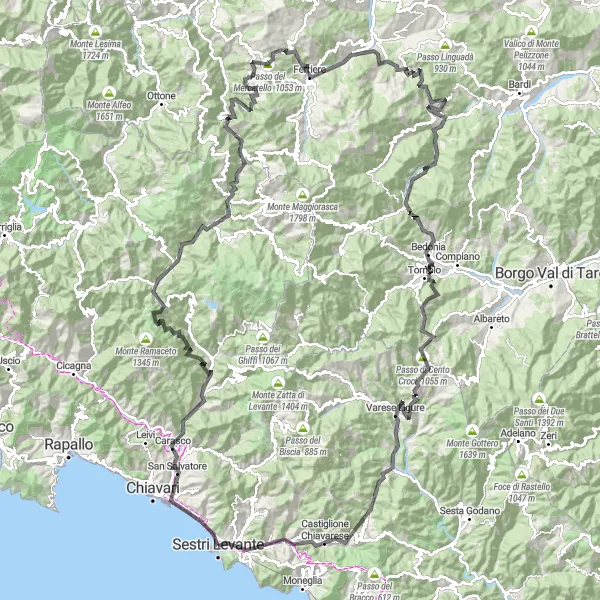 Miniatua del mapa de inspiración ciclista "Gran Ruta Desde Sestri Levante a Varese Ligure" en Liguria, Italy. Generado por Tarmacs.app planificador de rutas ciclistas