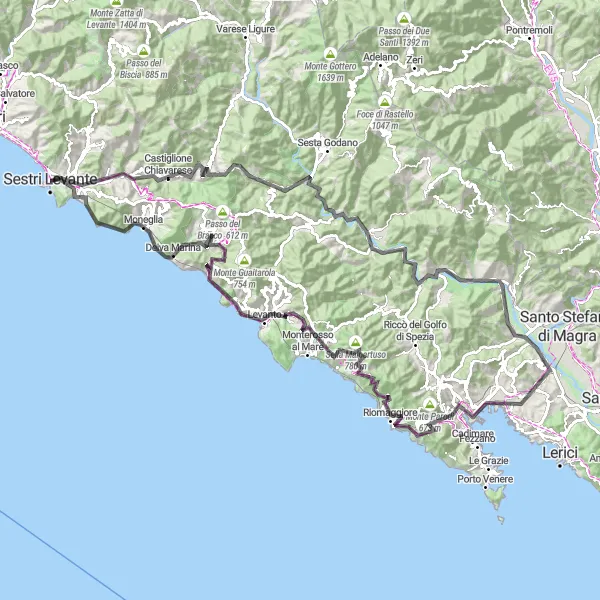 Miniatua del mapa de inspiración ciclista "Ruta de Monte Frascati y Castiglione Vara" en Liguria, Italy. Generado por Tarmacs.app planificador de rutas ciclistas