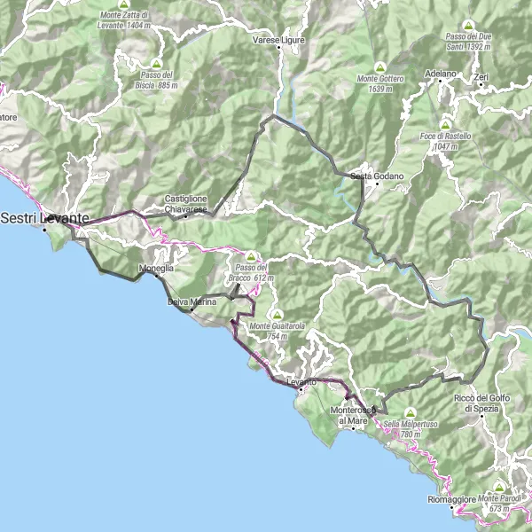 Zemljevid v pomanjšavi "Gorsko kolesarjenje v Liguriji: Sestri Levante - Monte Bandia - Bonassola - Deiva Marina" kolesarske inspiracije v Liguria, Italy. Generirano z načrtovalcem kolesarskih poti Tarmacs.app
