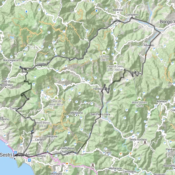 Miniaturní mapa "Cyklistická cesta kolem Sestri Levante" inspirace pro cyklisty v oblasti Liguria, Italy. Vytvořeno pomocí plánovače tras Tarmacs.app