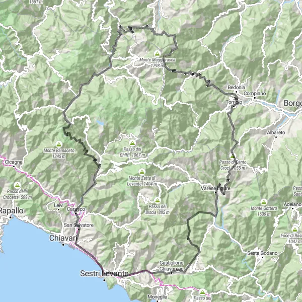 Mapa miniatúra "Zaujímavé cyklotrasy okolo Sestri Levante" cyklistická inšpirácia v Liguria, Italy. Vygenerované cyklistickým plánovačom trás Tarmacs.app