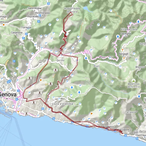 Map miniature of "Sori- Pieve Ligure Gravel Adventure" cycling inspiration in Liguria, Italy. Generated by Tarmacs.app cycling route planner