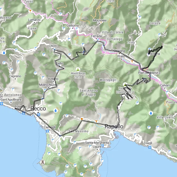 Miniaturekort af cykelinspirationen "Scenic Road Cycling Route through Ligurian Hills" i Liguria, Italy. Genereret af Tarmacs.app cykelruteplanlægger