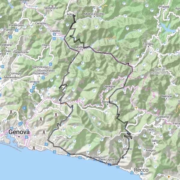 Miniature de la carte de l'inspiration cycliste "Exploration des collines et vallées liguriennes" dans la Liguria, Italy. Générée par le planificateur d'itinéraire cycliste Tarmacs.app