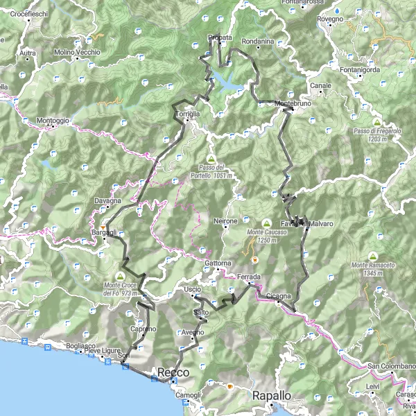 Mapa miniatúra "Okruh cez Monte Croce dei Fò a Passo della Spinarola" cyklistická inšpirácia v Liguria, Italy. Vygenerované cyklistickým plánovačom trás Tarmacs.app