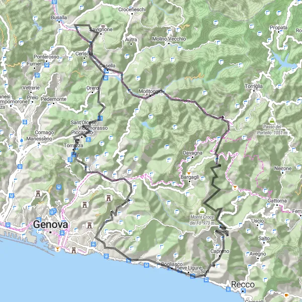 Map miniature of "The Mountain Circuit" cycling inspiration in Liguria, Italy. Generated by Tarmacs.app cycling route planner