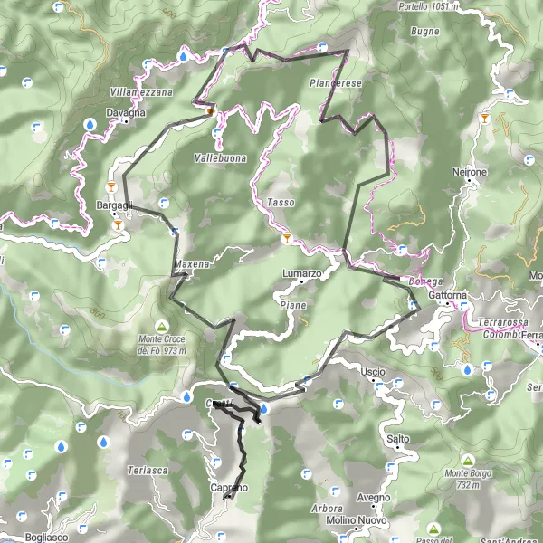 Miniatua del mapa de inspiración ciclista "Desafío de Zuccarello y Uscio" en Liguria, Italy. Generado por Tarmacs.app planificador de rutas ciclistas