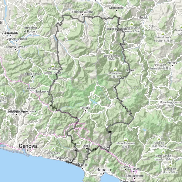 Miniatura della mappa di ispirazione al ciclismo "Giro in bicicletta da Sori attraverso le montagne liguri" nella regione di Liguria, Italy. Generata da Tarmacs.app, pianificatore di rotte ciclistiche