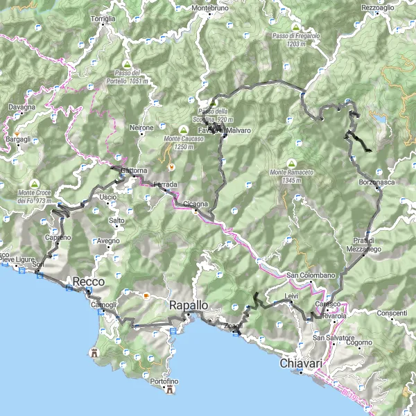 Map miniature of "Loop around Sori: Exploring Ligurian Coastal Roads" cycling inspiration in Liguria, Italy. Generated by Tarmacs.app cycling route planner