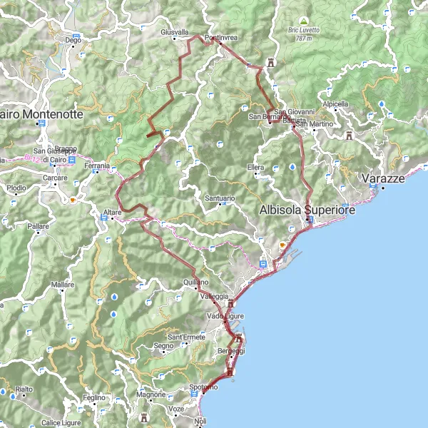 Miniatua del mapa de inspiración ciclista "Desafío en Bric del Tesoro y Monte Mola" en Liguria, Italy. Generado por Tarmacs.app planificador de rutas ciclistas
