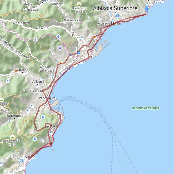 Miniaturní mapa "Gravel Kolem Savony a Bergeggiho" inspirace pro cyklisty v oblasti Liguria, Italy. Vytvořeno pomocí plánovače tras Tarmacs.app