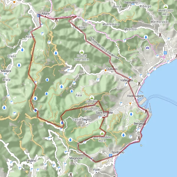 Miniaturní mapa "Gravel Okolo Spotorna v Krátkém" inspirace pro cyklisty v oblasti Liguria, Italy. Vytvořeno pomocí plánovače tras Tarmacs.app